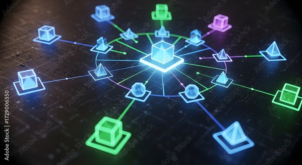 Fototapeta premium Abstract visualization of a decentralized network with glowing geometric shapes connected by lines, representing data flow and interconnected systems.