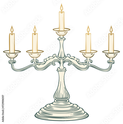 Elegant Candelabra with Lit Candles, Decorative Holder