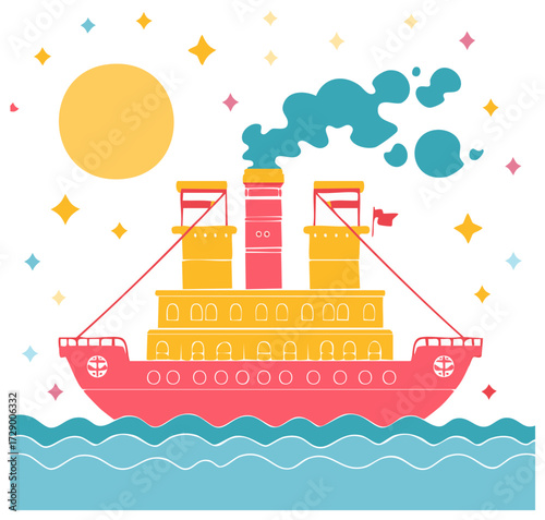 Colorful cartoon steamship sailing on blue waves under a yellow sun and stars