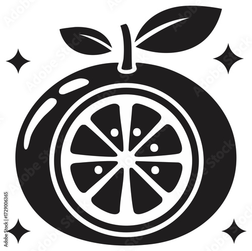 Stylized citrus fruit icon with a visible juicy slice, stem, leaves, and sparkling highlights