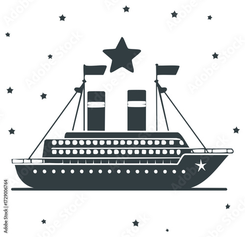 Cruise Ship Silhouette with Star Emblem surrounded by Stars, Classic Oceanic Travel