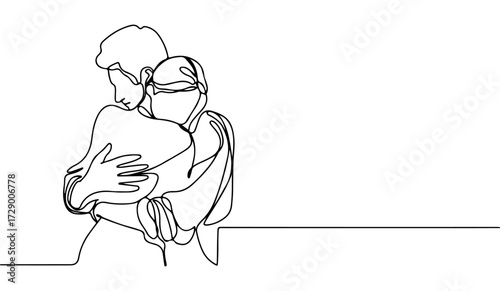 Continuous line romantic couple, embrace love vector illustration art