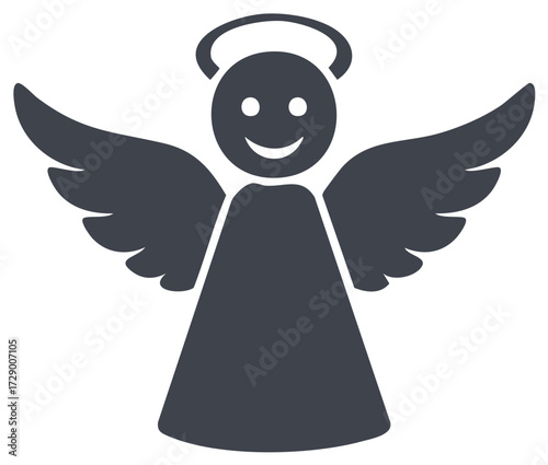 Smiling angel silhouette with wings and a halo. Simple religious and spiritual flat vector icon.