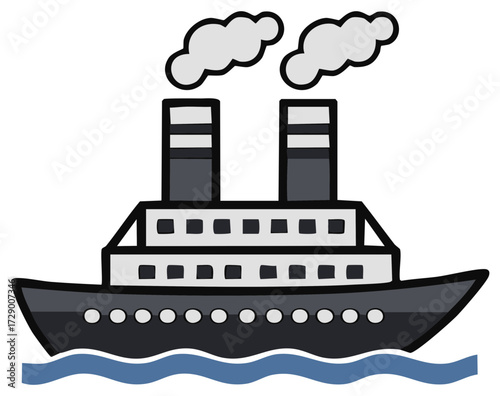 Classic ocean liner steamship with smoking funnels sailing on blue waves illustration