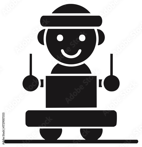 Silhouette of a Drummer Toy Playing, Classic Clockwork Automaton, Black Icon
