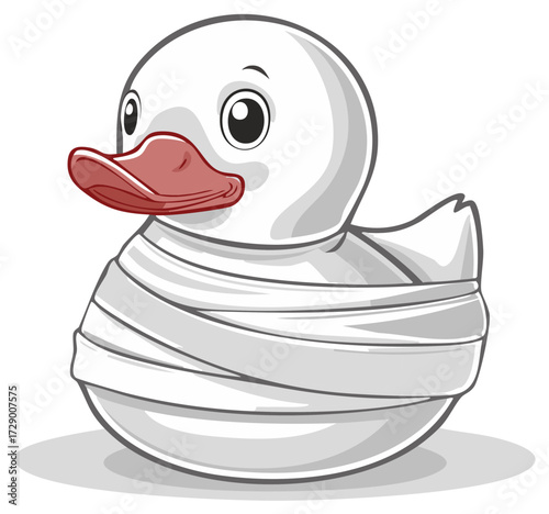 Cute cartoon white rubber duck wrapped in bandages with red beak