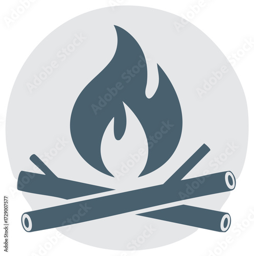 Campfire icon with burning firewood and flame. Simple flat vector graphic for camping and outdoor adventure.