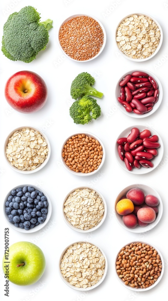 Naklejka premium Educational Flat Lay Infographic of Fiber-Rich Foods with Broccoli, Apples, Beans, and Oats