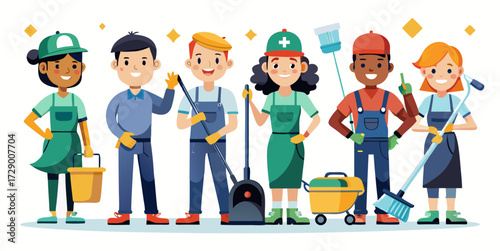 Group of diverse cartoon cleaning staff with equipment standing together in uniforms and smiling on white background