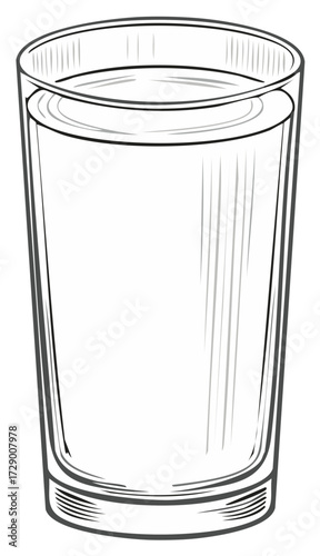 Hand-drawn sketch of a tall clear glass filled with a liquid, with subtle line art shading and a clean outline.