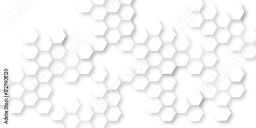 Hexagon pattern on an abstract white background, geometric mesh cell texture. modern futuristic wallpaper, abstract geometric pattern composed of three dimensional white hexagons.