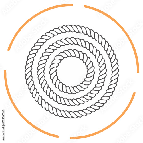 Coiled rope line art icon forming concentric circles within a segmented circular frame. A simple nautical vector illustration.