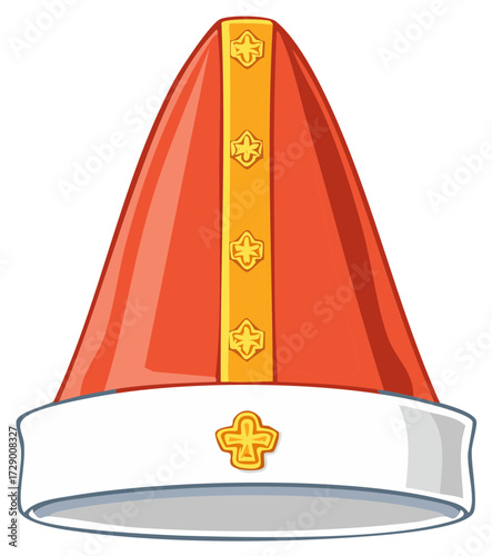 Mitre hat vector illustration, ecclesiastical headwear with religious symbol, bishop, catholic
