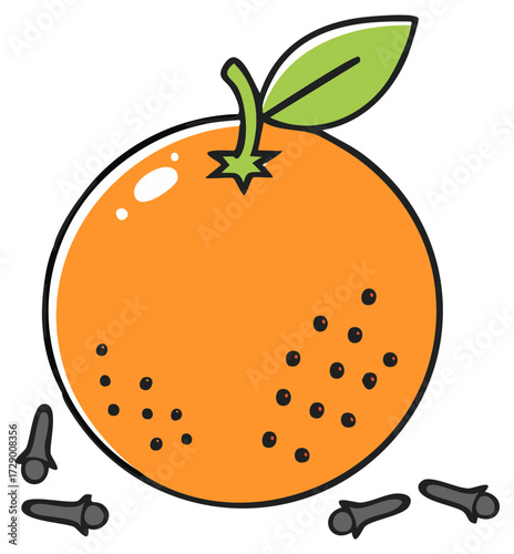 Fresh Orange Studded with Cloves and a Green Leaf