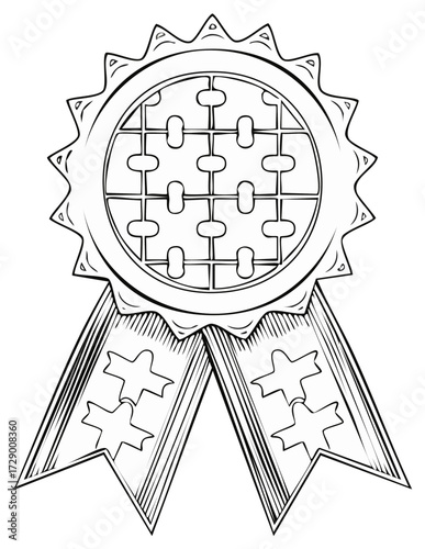 Detailed line art award rosette with decorative ribbon tails symbolizing achievement and honor