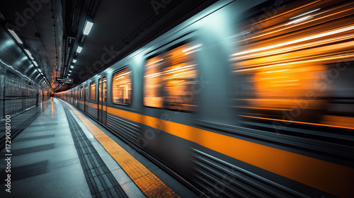 Subway train speeding through underground platform with motion blur and warm moody lighting, strong perspective urban noir