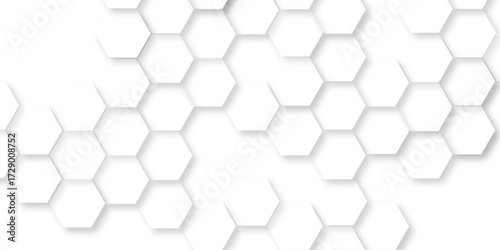 Hexagon pattern on an abstract white background, geometric mesh cell texture. modern futuristic wallpaper, abstract geometric pattern composed of three dimensional white hexagons.