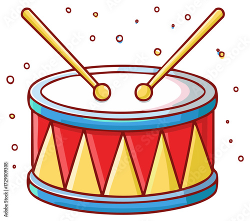Vibrant cartoon toy drum with drumsticks illustration representing musical play and childhood fun