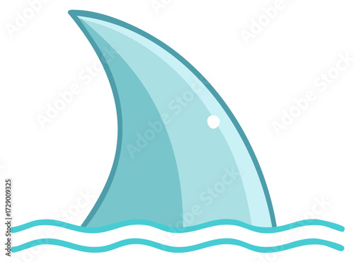 Illustration of light blue shark fin emerging from ocean waves with thick outlines and a cartoon aesthetic