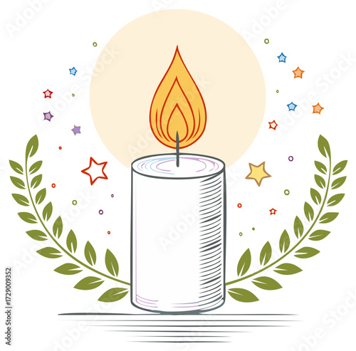 Burning candle with flame, surrounded by green laurel branches and colorful stars.