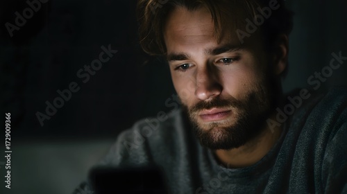 A pensive man with a beard looks down at a glowing screen in a dark room bathed in low light conveying a mood of worry or deep thought