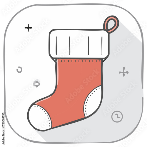 Hand-drawn holiday greeting design, red christmas stocking with pattern and symbols decoration, winter illustration concept