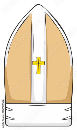 Catholic Bishop or Pope mitre hat with a gold Christian cross symbol illustration