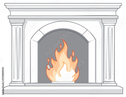 Stylized illustration of a roaring fireplace with ornate columns and an arched opening