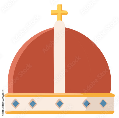 Ornate Red and Gold Miter Hat Christian Clergy Headwear with Golden Cross Icon