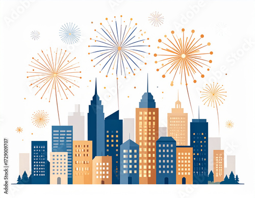  Vibrant Night Cityscape with Dynamic Fireworks Display for Event Celebration.eps