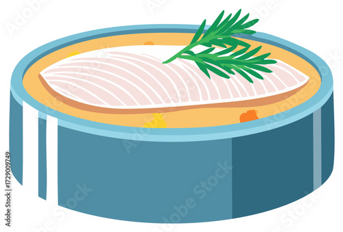 A Canned Fish with Vegetables and Rosemary Sprig Culinary Presentation