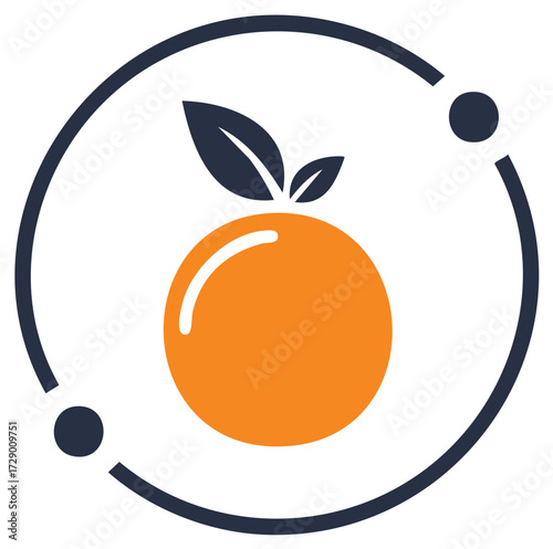 Abstract orange citrus fruit with green leaves within a circular orbiting ring icon