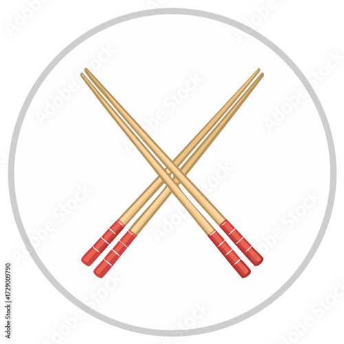 Crossed pair of wooden chopsticks with red details in a white circle.