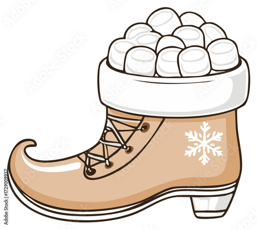Cute cartoon elf boot filled with marshmallows and decorated with a snowflake