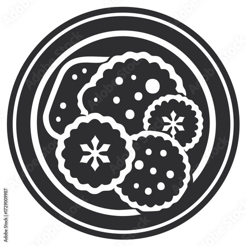 A plate of assorted holiday cookies, black and white vector icon illustration