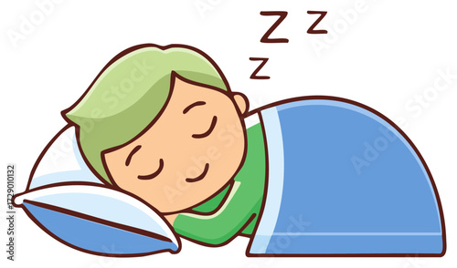 Cartoon boy asleep under a blue blanket with Zzz's above, resting on pillow, bedtime routine illustration