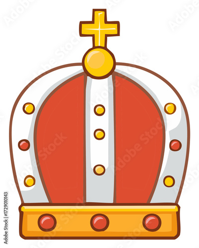 Cartoon crown with gold and red details, cross on top, illustration