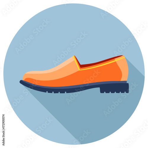 Vivid orange leather loafer with a stylish dark blue sole, displayed as a vector icon