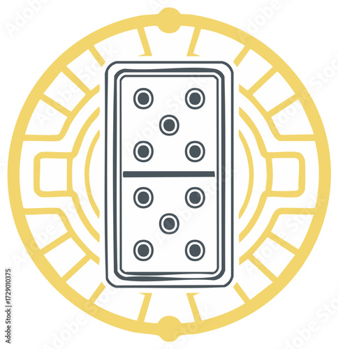 Graphic illustration of a double five domino tile showing ten pips inside a stylized yellow circular frame emblem