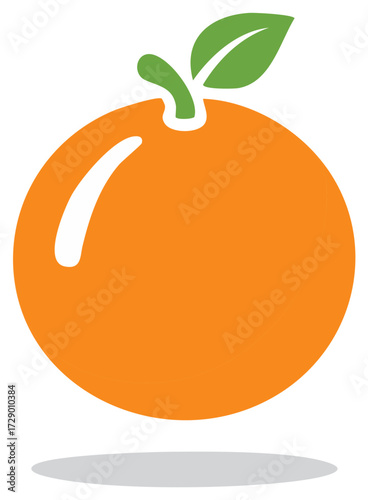 Orange fruit illustration with green leaf and stem, citrus fruit with shadow.