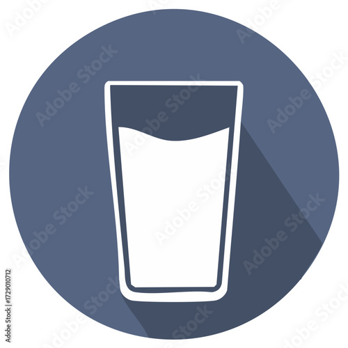 Simple minimalist icon of a glass filled with liquid on a blue circular background with shadow