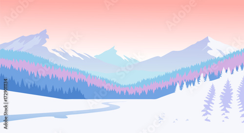 Beautiful winter landscape with snowy mountains and pine forest, a serene nature vector background with copy space