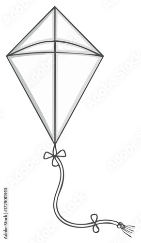 Simple black and white line art illustration of a classic diamond shaped flying kite with a long bow string tail