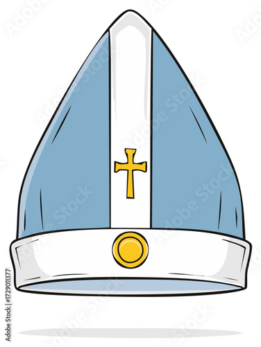 Illustration of a stylized liturgical hat with cross and ornate design.