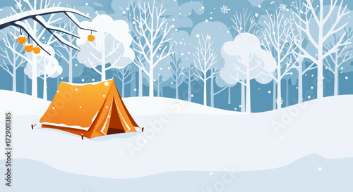 An inviting orange tent set up in a snowy forest during winter, offering a cozy retreat with ample copy space for your text