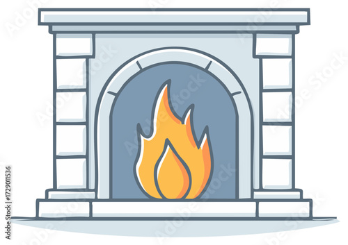Cute hand drawn illustration of a classic stone fireplace with a warm cozy fire burning inside