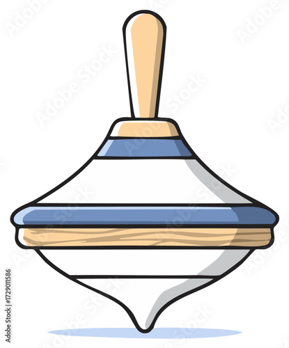 Traditional wooden spinning top toy with blue and natural wood stripes, a classic children's plaything illustration.