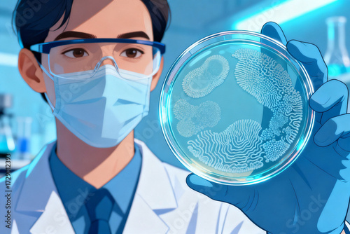 Scientist examining bacterial cultures in a petri dish under laboratory conditions