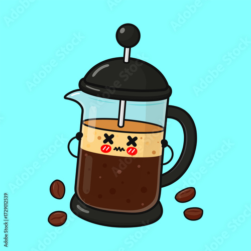French press coffee pot cartoon character feeling dizzy