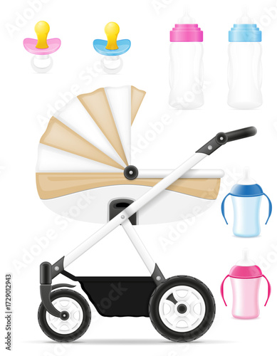 stroller bottles and nipples for newborns cartoon stock vector illustration isolated on white background